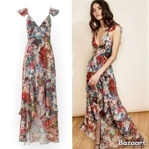 Anthropologie Hutch Coley Maxi Dress Size 12 Floral Asymmetric Flounce Hem
